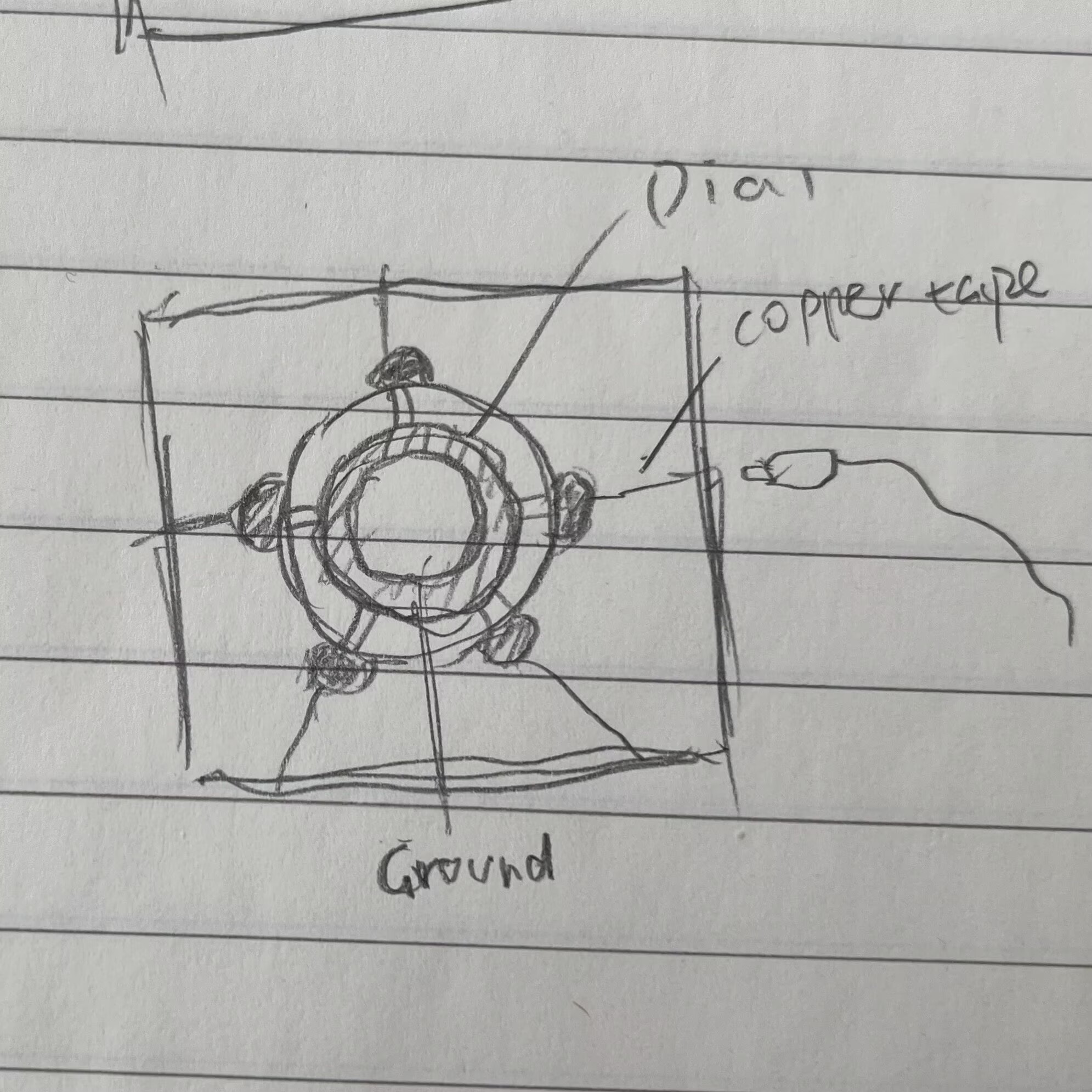 I sketched a fourth circuit that uses a knob switch for interaction. Each dot on the board is connected to a key on the Makey Makey. The dial is connected to the ground, and rotating it triggers different key inputs.