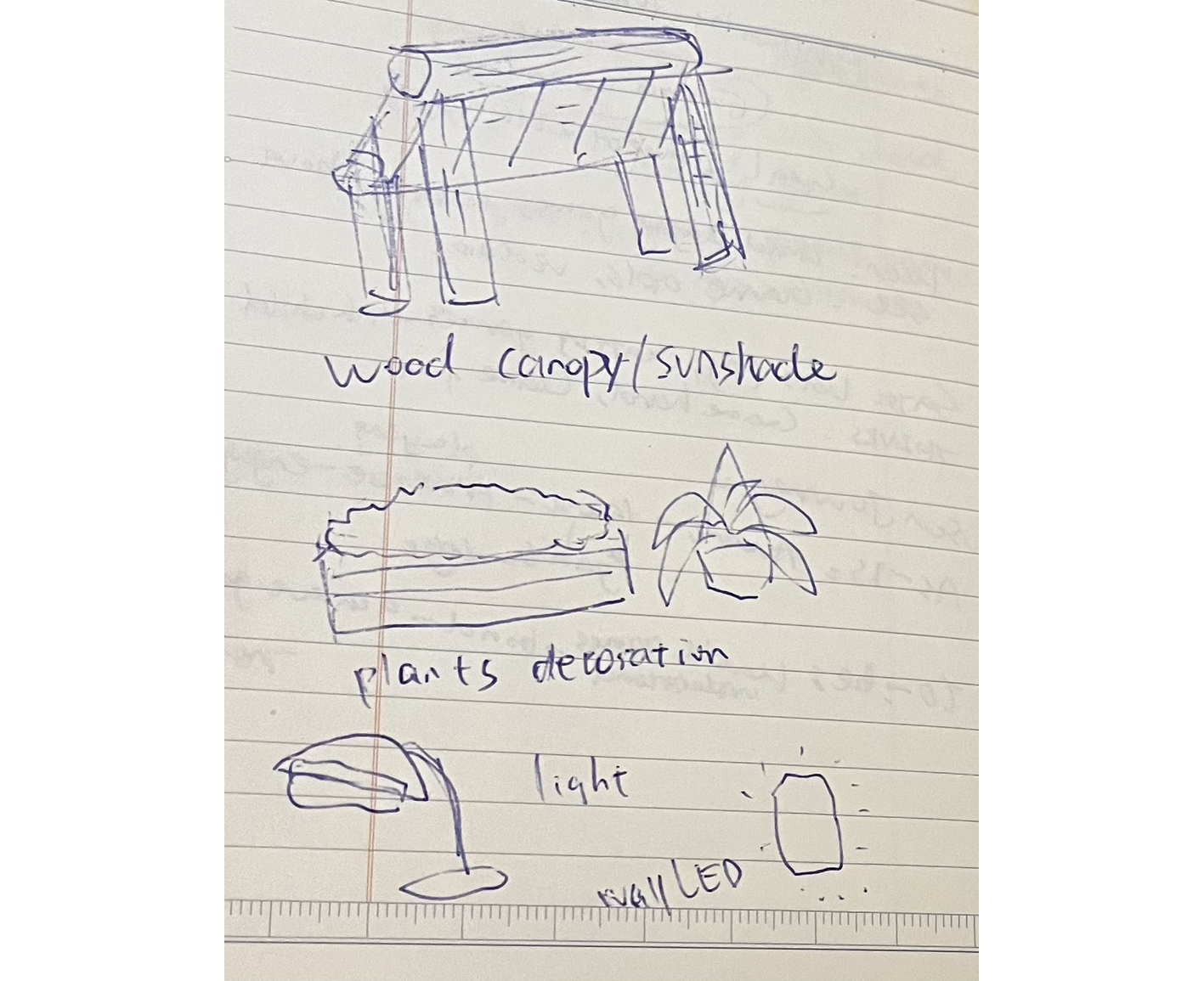 3 initial concept sketches I made for 3 spaces. Canopy for exterior space, plants for lounge, lighting for learning space
